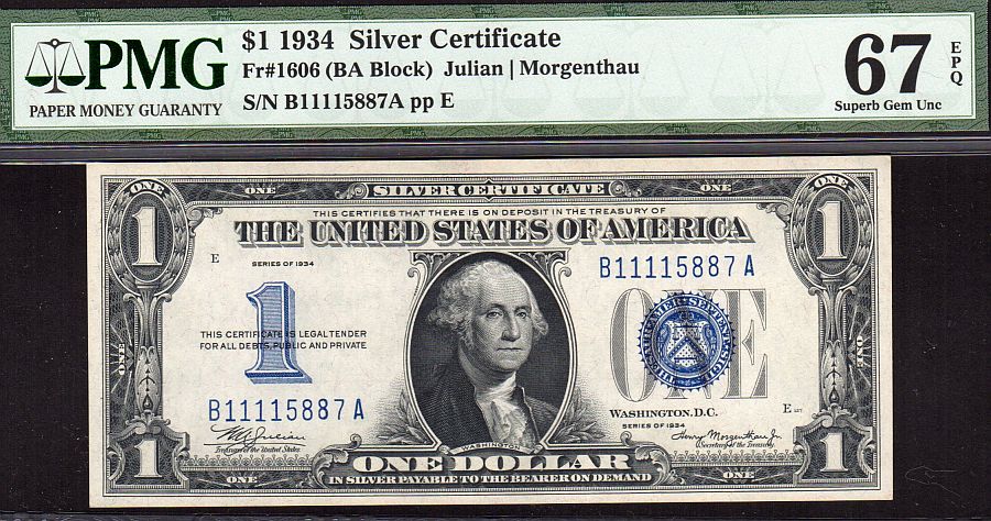 Fr.1606, 1934 $1 Silver Certificate, B-A Block, Superb GemCU, PMG67-EPQ